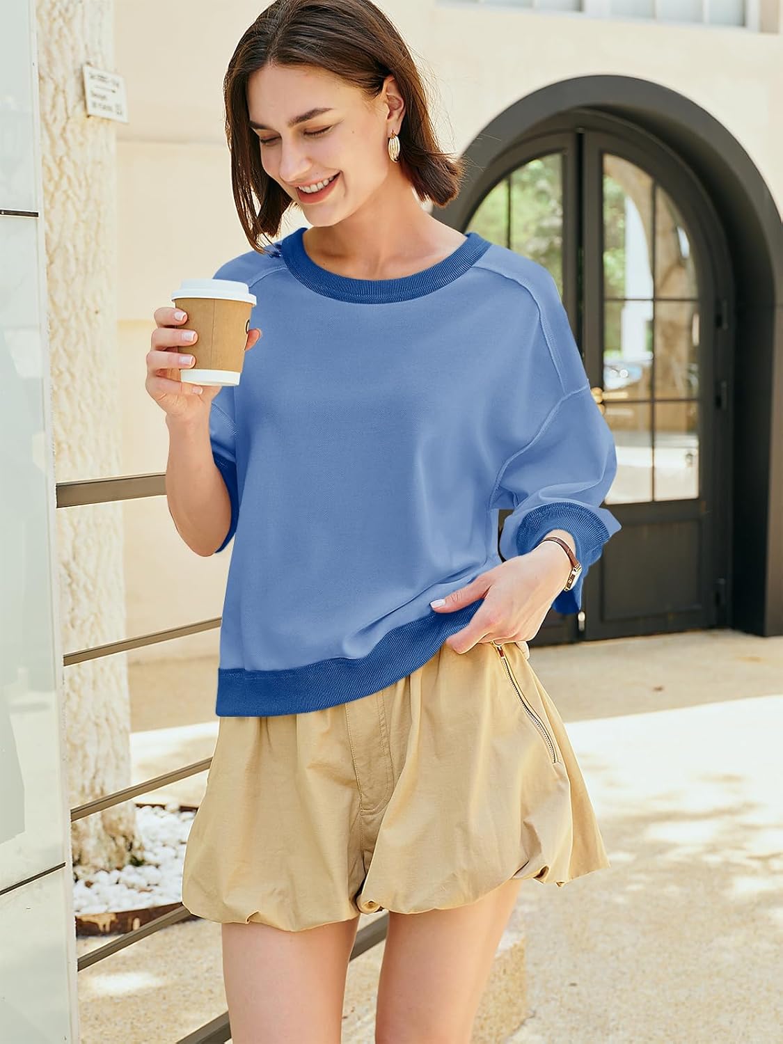 Nirovien Womens Short Sleeve Sweatshirt Oversized Crewneck Sweatshirts 3/4 Sleeve Casual Summer Tops - Image 5