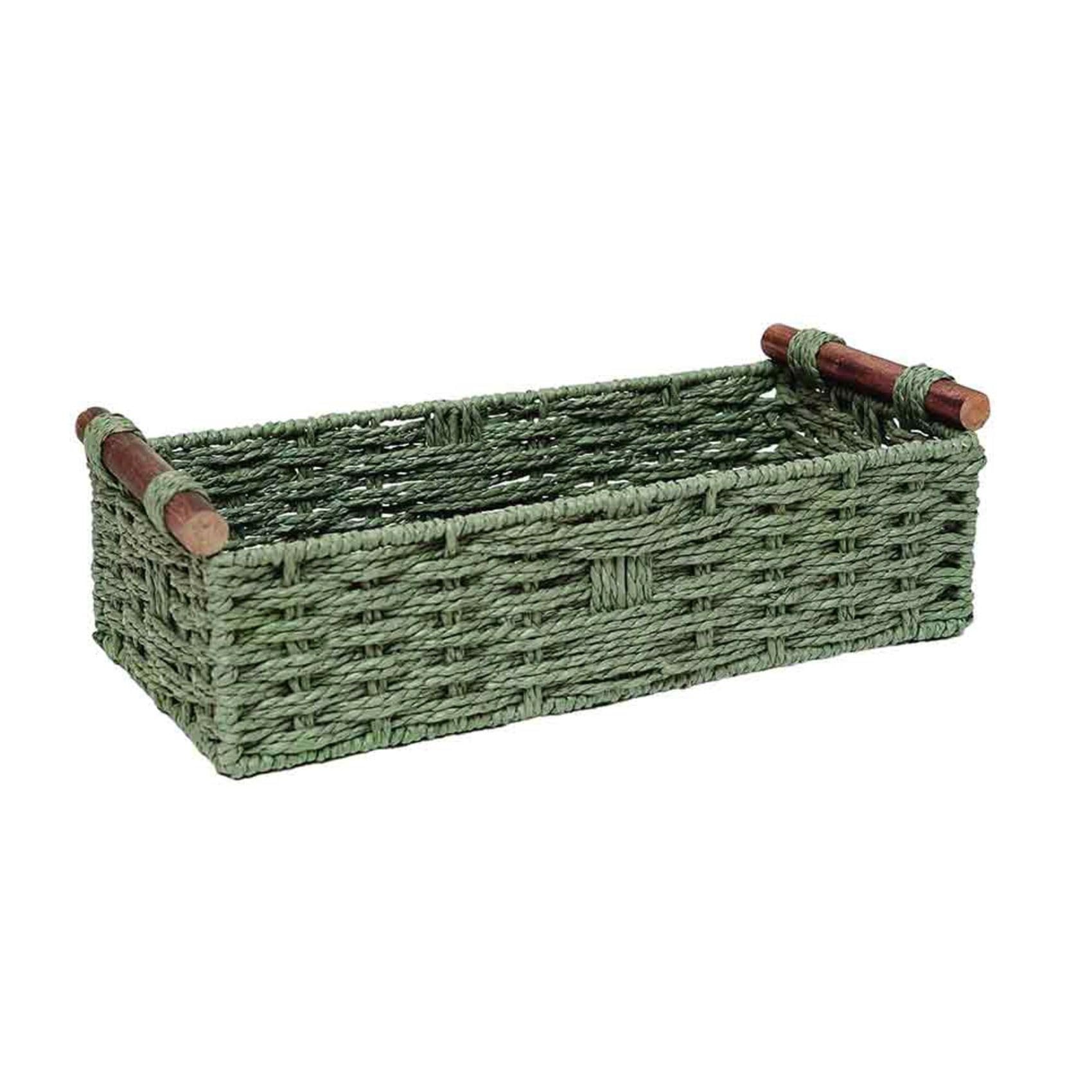 Panier de rangement rond vert en corde de papier tressée avec poignée pratique