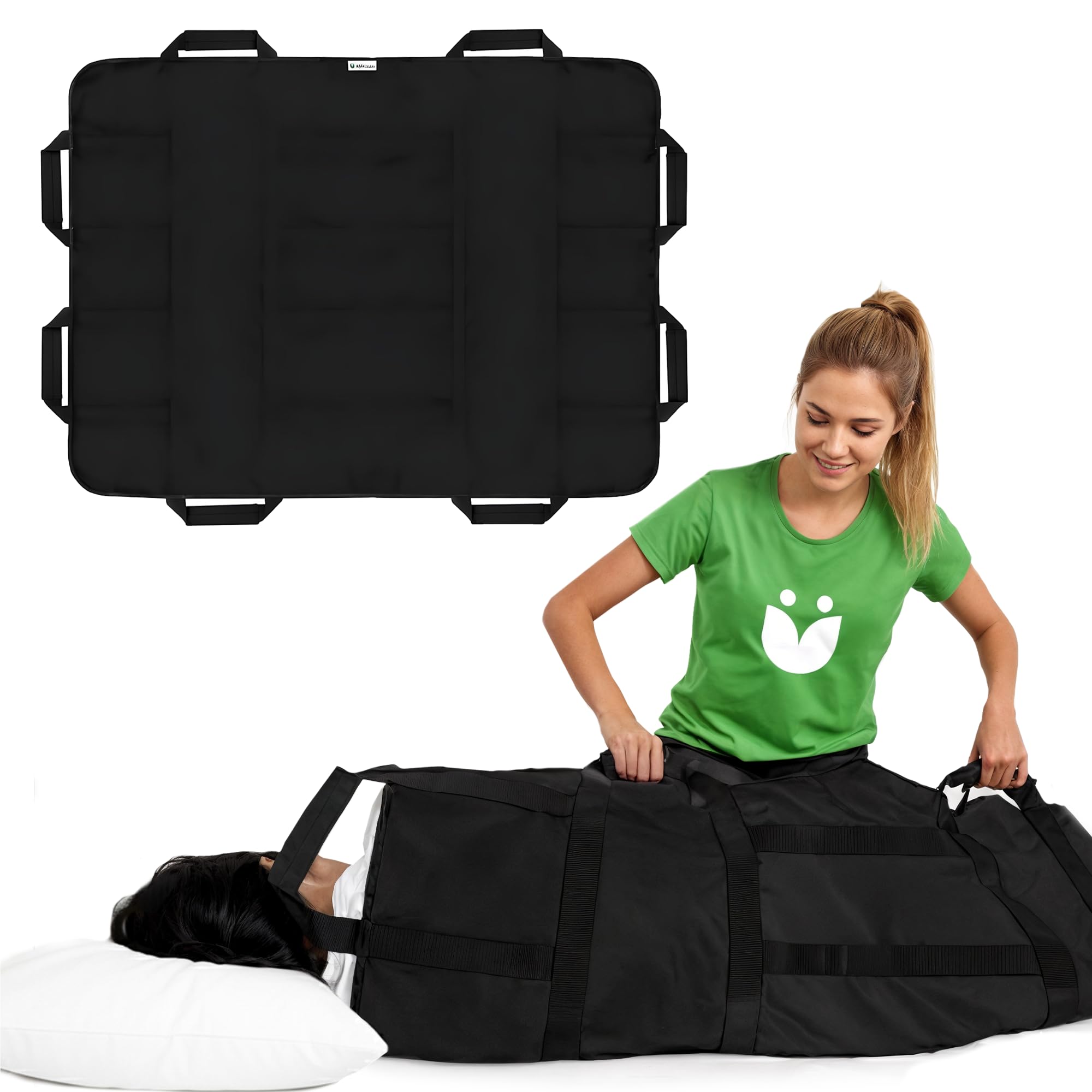 Positioning Bed Pad with 8 Reinforced Padded Handles - Washable Transfer Sheet for Lifting & Repositioning - Quick-Dry Patient Slide Blanket for Caregiver, Bedridden, Elderly - 48" x 40", Black Ver 2