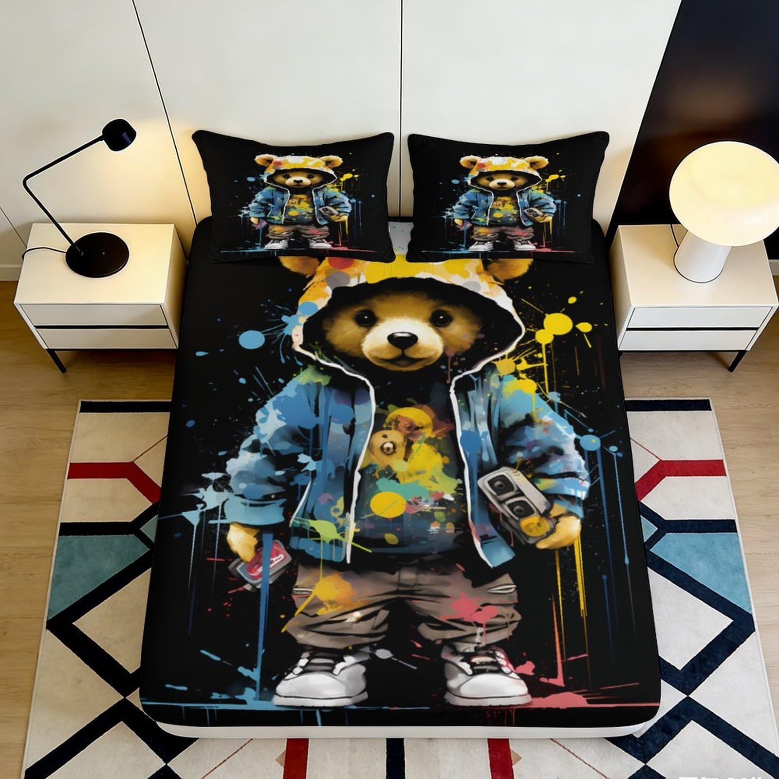 3D Printed Graffiti Bear Fitted Sheet Microfiber Non-slip Colorful Mattress Cover for Bedroom Dorm Decor 180x200x25cm