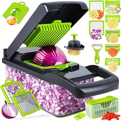 Hatanu Mall 14 in 1 Vegetable Cutter for Kitchen I Veggie Chopper I Potato Slicer I Onion Dicer with Container and Easy Push to Clean Button
