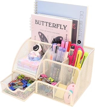 Boutilon Mesh Desk Organizer Desktop Office Supplies Stationary Organizer with 6 Compartments and 1 Drawer Multi-Functional Caddy Pen Holder for Home Office School Desk DecorBeige