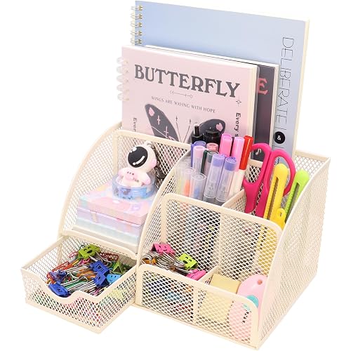 Boutilon Mesh Desk Organizer Desktop Office Supplies Stationary Organizer with 6 Compartments and 1 Drawer Multi-Functional Caddy Pen Holder for Home Office School Desk Decor(Beige)