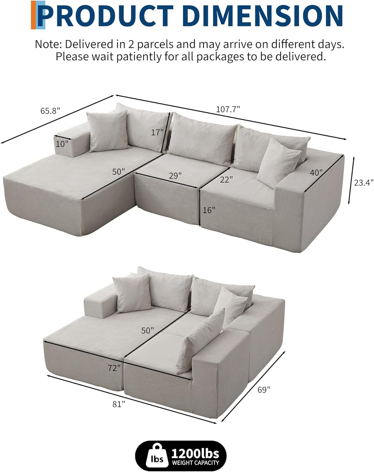 Garvee 108" Modular Sectional Sofa,Cloud Couch Sectional with Left Chaise | Compressed l Shaped Sofa for Living Room | Boneless Couch & Sofa Bed Design,No Assembly Required, Beige