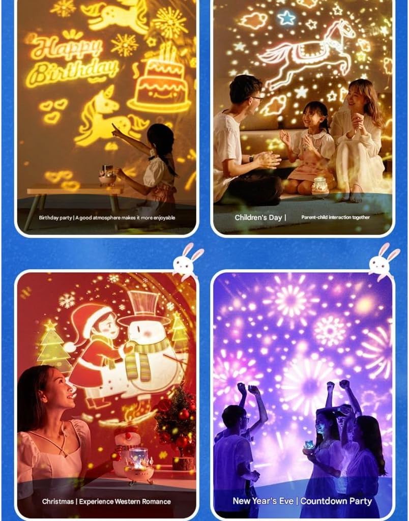 Star Projector Night Light with Music Box Shape 12 Dynamic Visual Themes Rechargeable Battery for Bedroom Decor