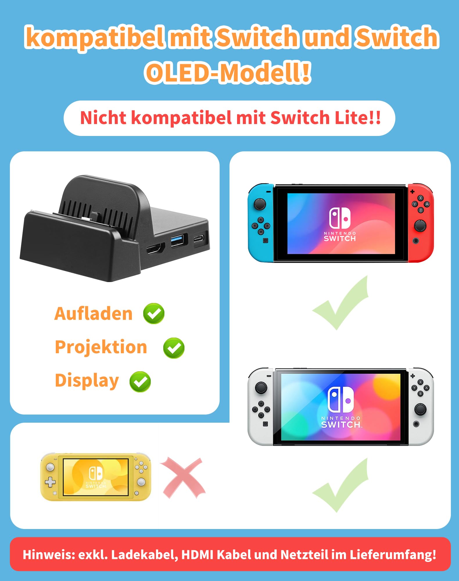 Switch Docking Station für Nintendo Switch/Switch OLED, tragbarer Switch Ladestation Switch Dock 4K HDMI TV Adapter Aufladehalterung mit USB 3.0 Port, Switch Zubehör Ständer für Nintendo Official