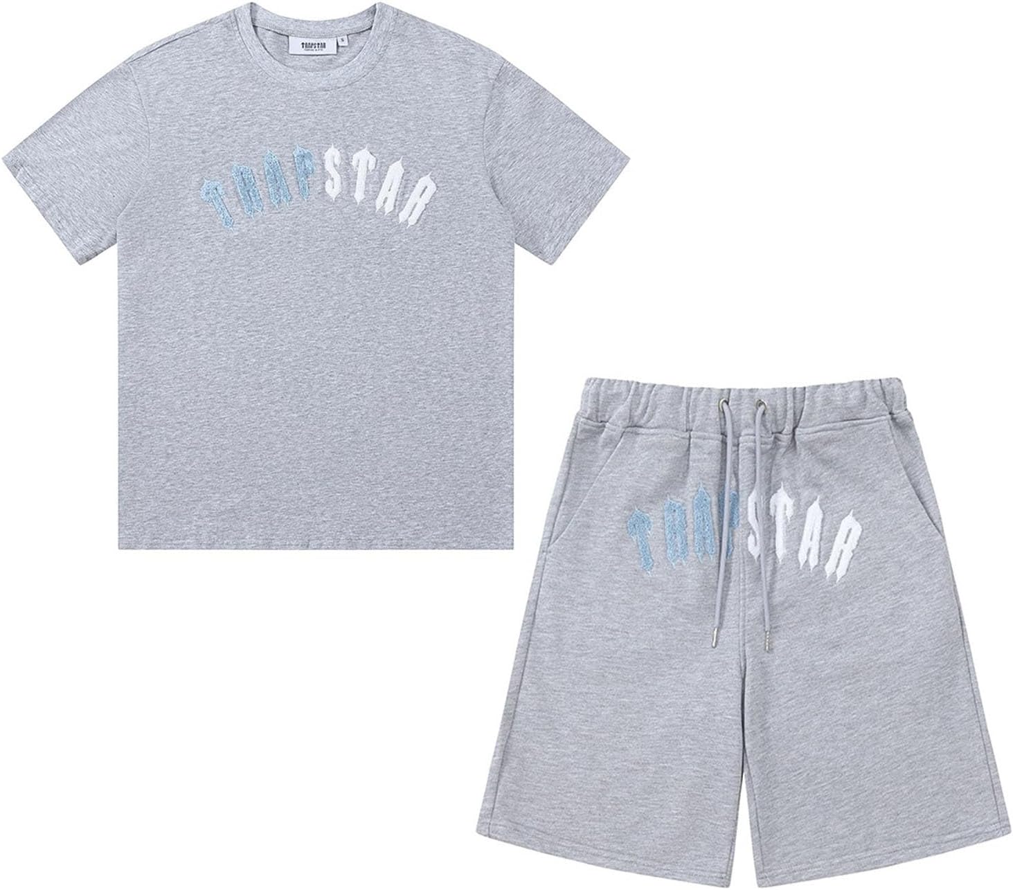 YOUPOYOUPO Summer Men's Trapstar Tracksuit, Embroidered Trapstar Logo Sports Suit, Casual Cotton 2 Pieces Short Sleeve T Shirt and Shorts for Jogging (Color : 633 gray, Size : Medium)