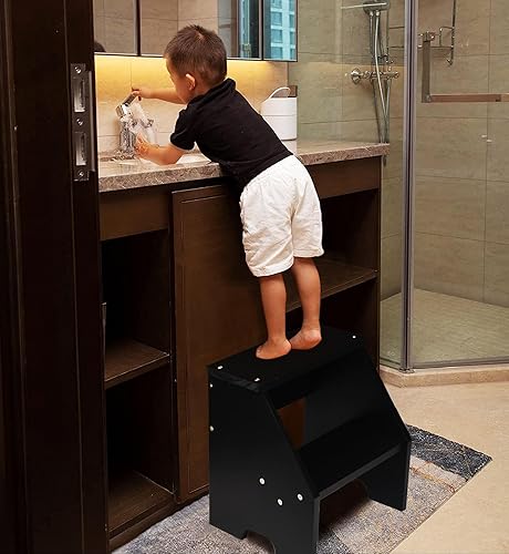 Taburete apilable de madera de 2 niveles, taburete escalonado para baño, taburete de doble paso para cepillar los dientes, organizador de