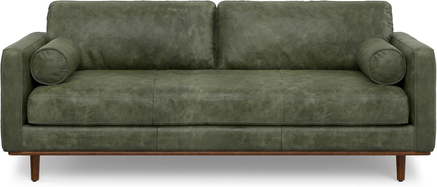 SIMPLIHOME Morrison 89-inch Wide Sofa in Moss Green Genuine Leather