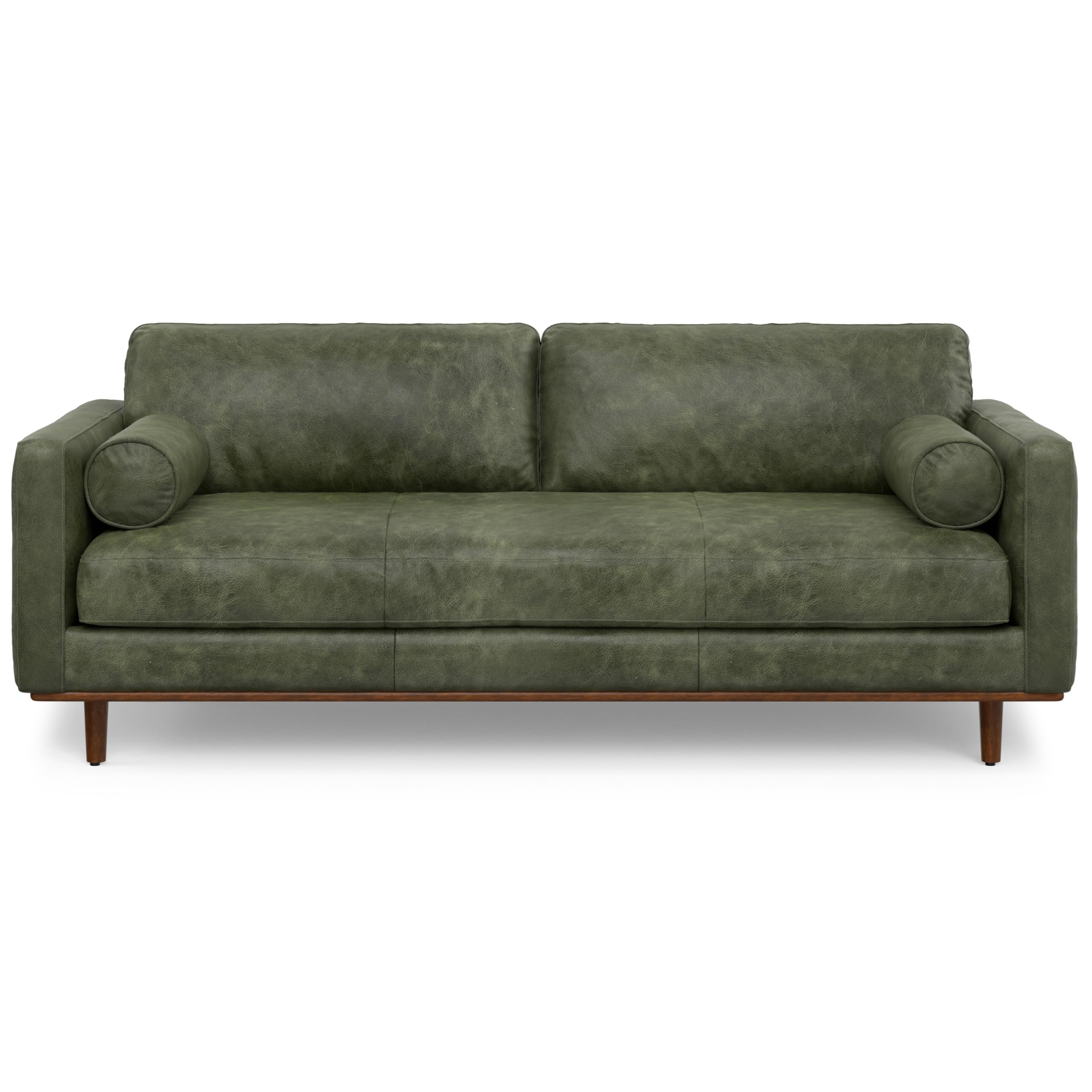 SIMPLIHOME Morrison 89-inch Wide Sofa in Moss Green Genuine Leather, Mid-Century Modern Design Couch for Living Room, Single Bench Cushion, 2 Back