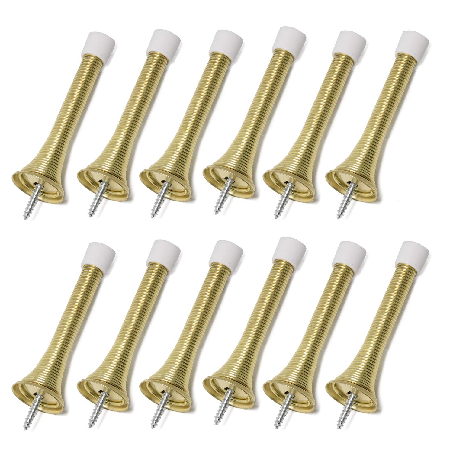 Bright Brass Spring Door Stops,3-1/8" Heavy Duty Door Stop - Flexible Spring Door Stopper with Low Mounted Baby Proof White Rubber Bumper Tips,12 Pack โ image 1
