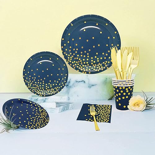 Miniatura 7 de Decoraciones de fiesta azules y doradas, 168 platos y servilletas azules, suministros para fiesta, platos de papel azul para 24, platos azul marino