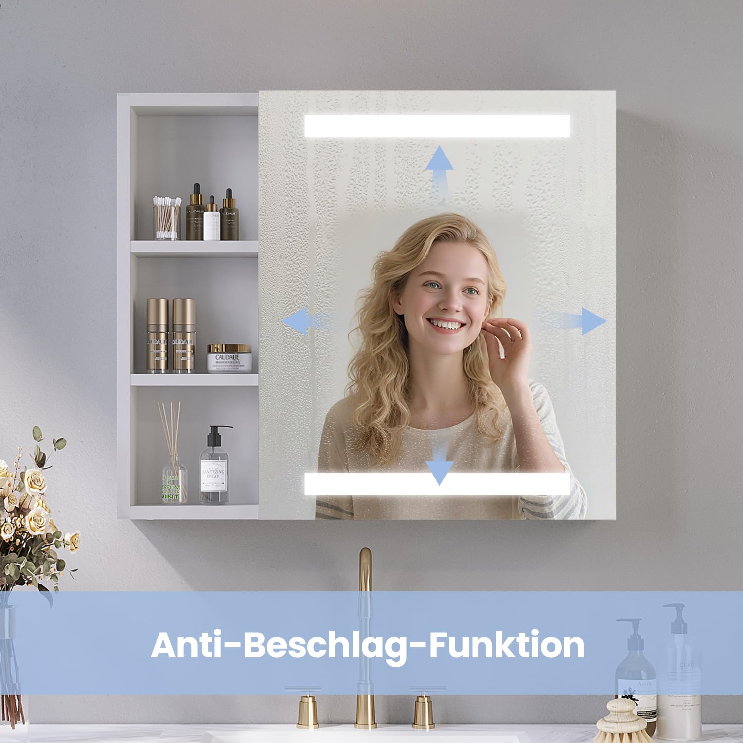 AQUABATOS Spiegelschrank Bad mit Beleuchtung und Steckdose 70 cm breit 60 cm höhe Aluminium Schrank Badspiegel rechts offenen Fächern Links LED Badschrank Infrarot Sensor Antibeschlag dimmbar