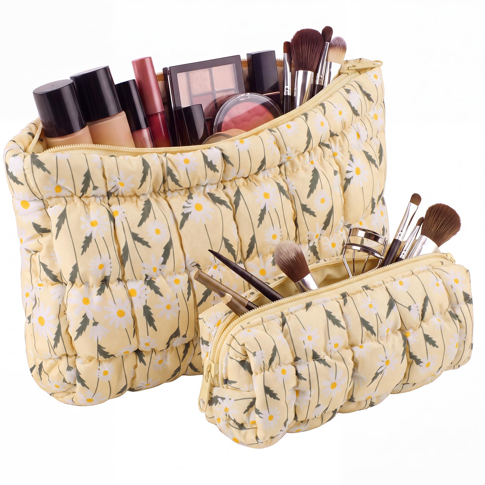 Pimoys 2 Pcs Puffy Makeup Bag, Small Makeup Cosmetic Pouch, Daisy White