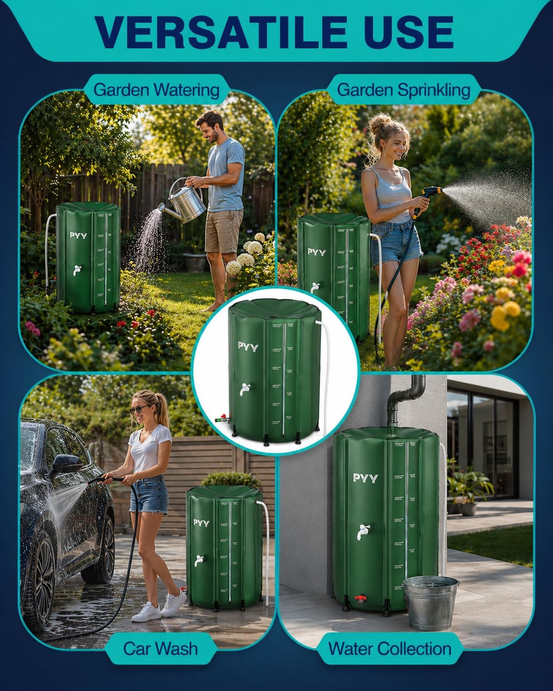 PYY Rain Water Collection Barrel - 132 Gallon Water Storage Tank with Spigots, Hose and Portable Bucket, Large Plastic Collapsible Rain Catcher Catchment System to Collect Rainwater from Gutter