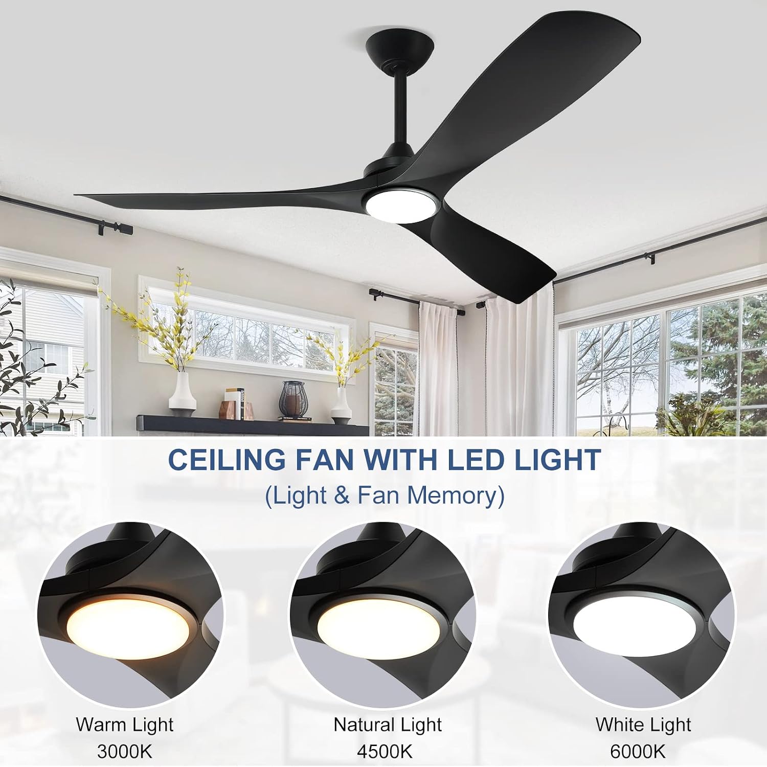 Black Ceiling Fan with Light: 3 Blades Ceiling Fans Reversible 5 Speeds Timer - 52 Inch Ceiling Fan with Remote for Indoor Living Room Bedroom