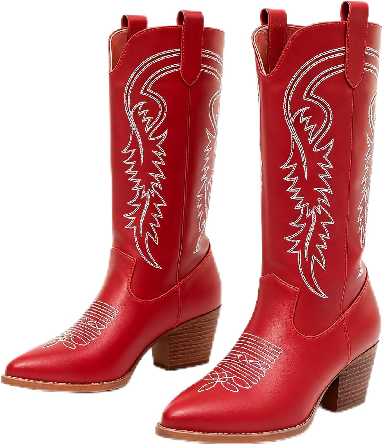 Women’s Western Cowboy Boots – Classic Cowgirl Boots with White Embroidery, Pointed Toe, Block Heel, Knee High Rodeo Boots for Country Fashion