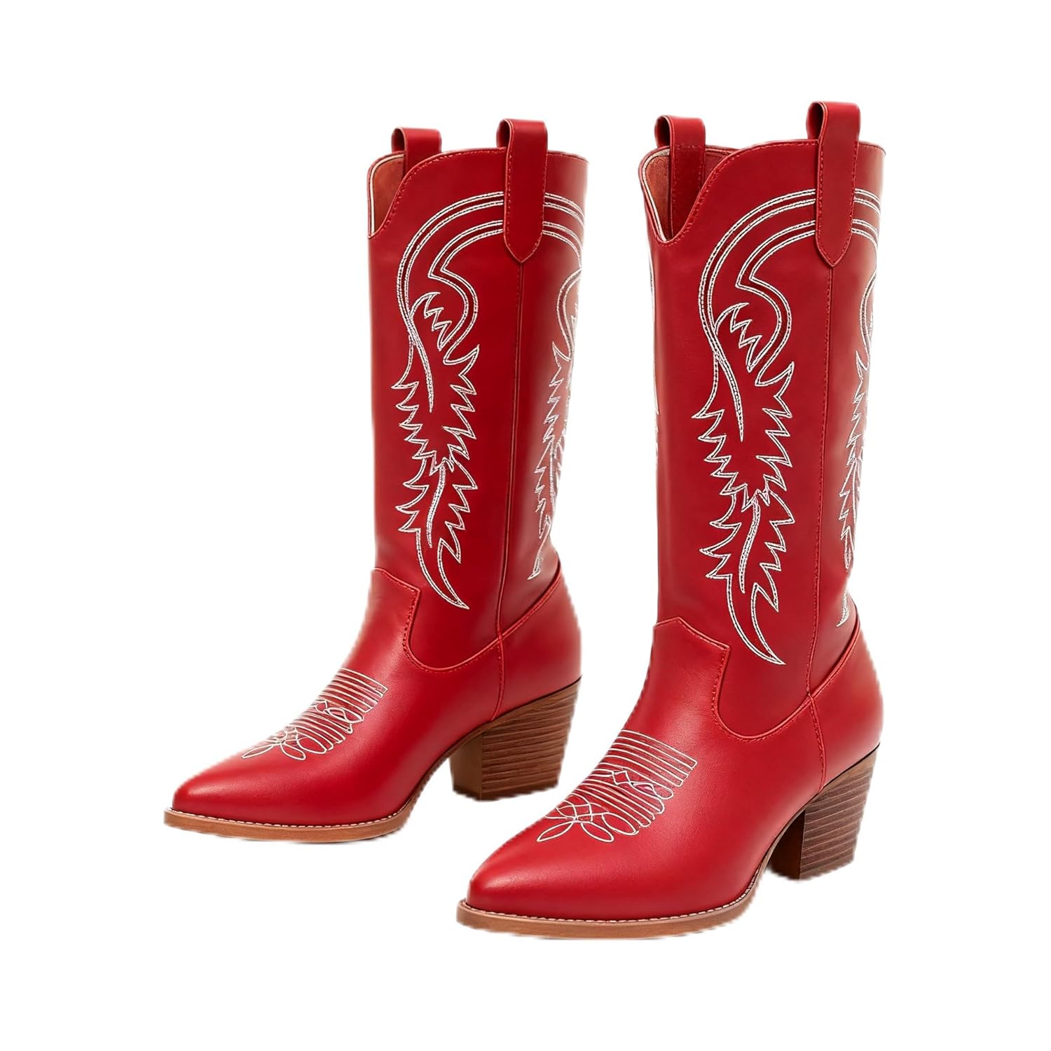Womens Western Cowboy Boots Classic Cowgirl Boots with White Embroidery Pointed Toe Block Heel Knee High Rodeo Boots