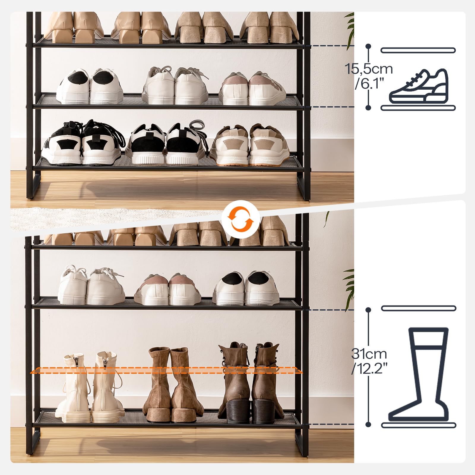 HOOBRO Große Schuhregal, 12-stöckiges Schuhablage, Schuhschrank hoch, für 35-45 Paar Schuhe, Metallrahmen, Industriestil, für Flur, Wohnzimmer, Schlafzimmer, Greige-Schwarz EBG127XJ01