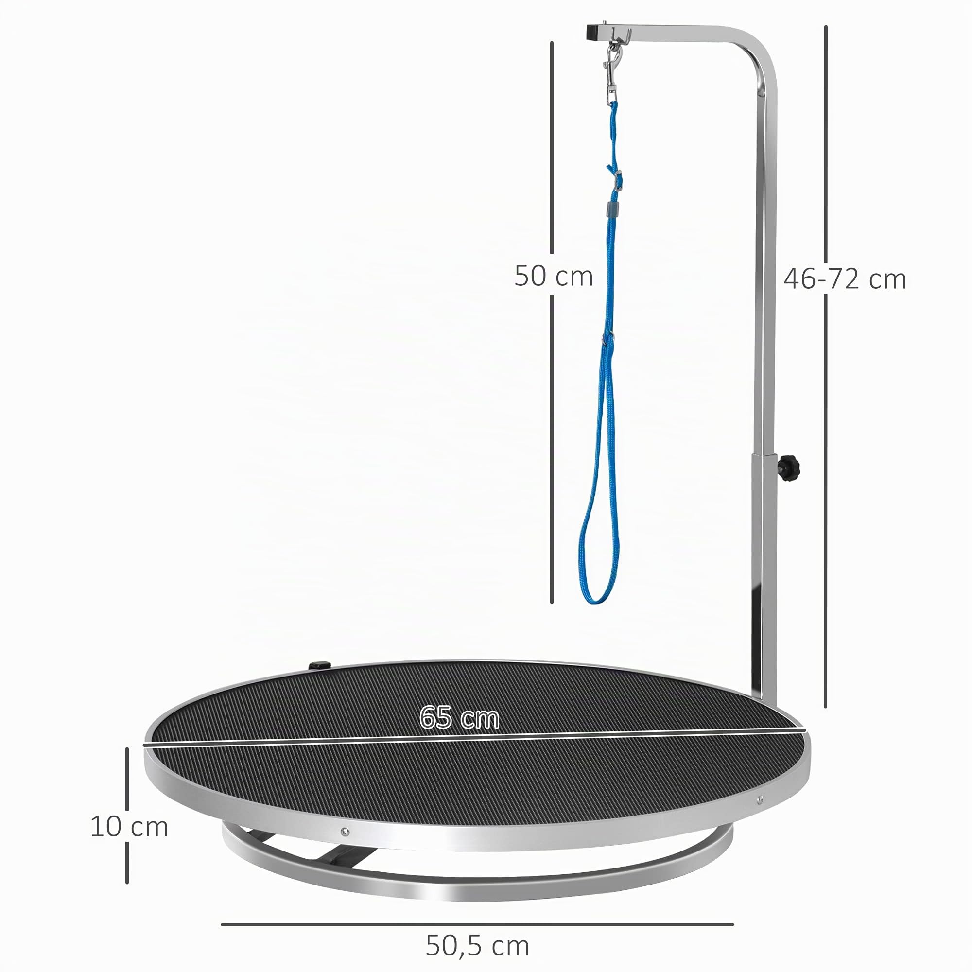 PawHut Mesa de Peluquería para Mascotas Mesa de Aseo con Base Giratoria Brazo Ajustable de 46-72 cm de Acero Inoxidable con Correa Ø65x10 cm Negro