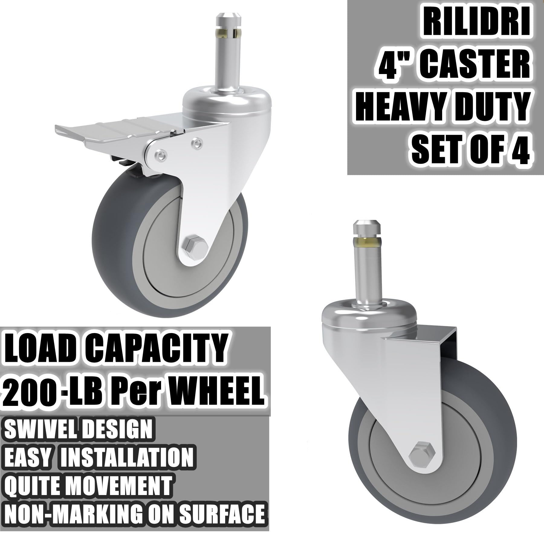 RILIDRI Rubbermaid Lot de 4 roulettes à tige pivotante de 10,2 cm, roue en caoutchouc de 1,2 cm de diamètre, roues de rechange robustes en TPR pour chariot à serpillère et seau à vadrouille (2 freins,