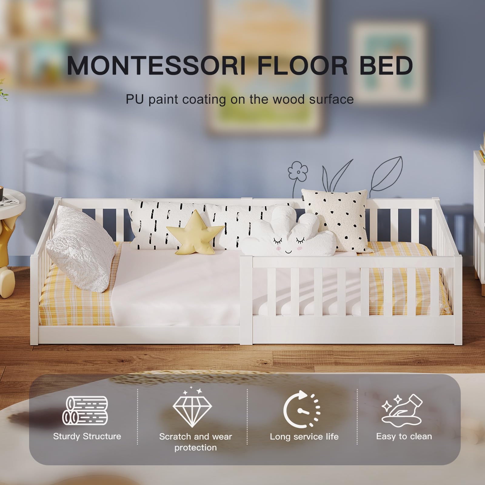 labebe Kinder-Bodenbett 90 x 200, weißes Massivholz-Montessori-Bett mit Sicherheitsgeländer und Lattenrost (Matratze Nicht im Lieferumfang enthalten) Geeignet für Kinder und Babys