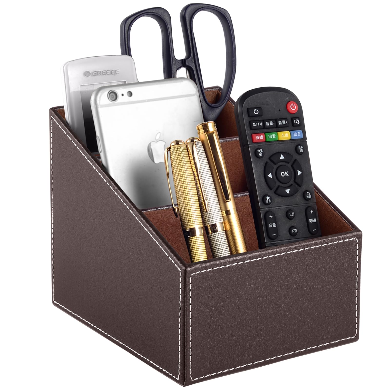 Xnone Brown Remote Control Holder With 5 Compartments,Pu Leather Office Organization Storage For Makeup Brush | Pen Holder | Media | Stationeries | Phone Holder Perfect Home Decor Caddy (Brown)