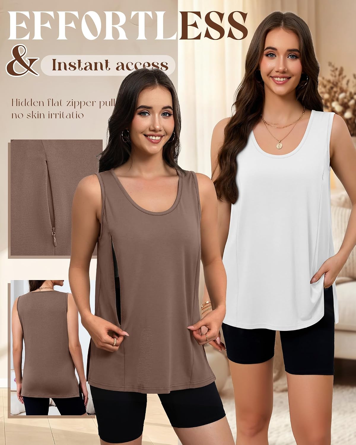 Ficerd 3 Pack Women's Nursing Tank Tops Breastfeeding Hidden Zippers Scoop Neck Sleeveless Shirts Oversized Maternity Tops