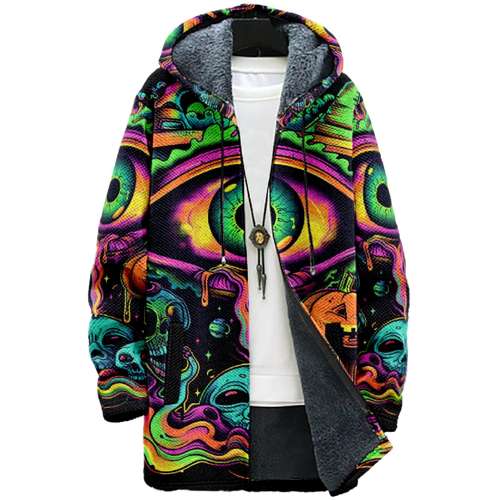 MARSVOVO Cool Hippie Long Cardigan Hoodies for Men Zipper Fleece Lined Knit Coat Skull Animal Print Graphic Jackets