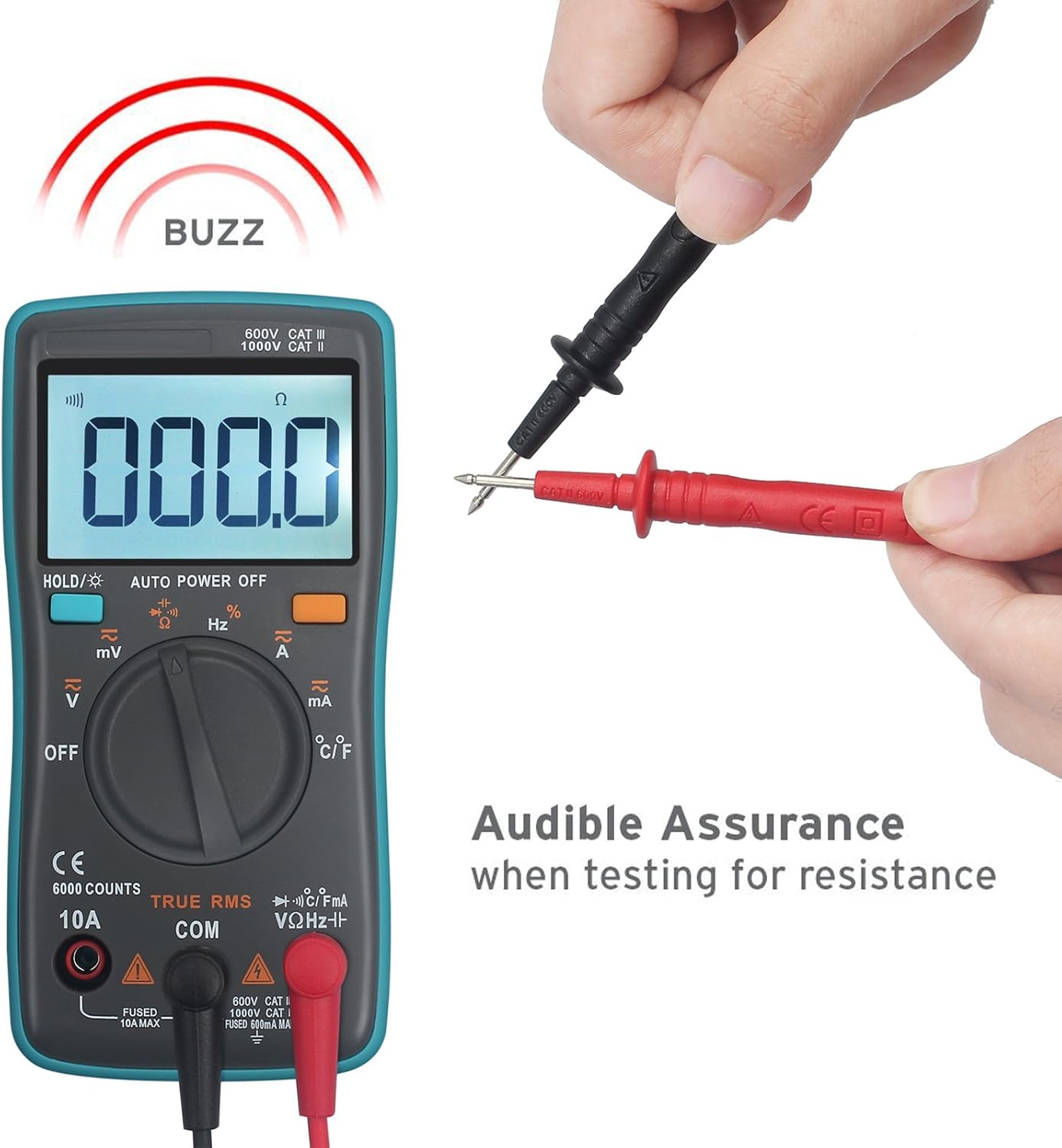 eSynic ZT102 Digital Multimeter performing a continuity test, with test leads touching and a 'BUZZ' indicator on the screen.