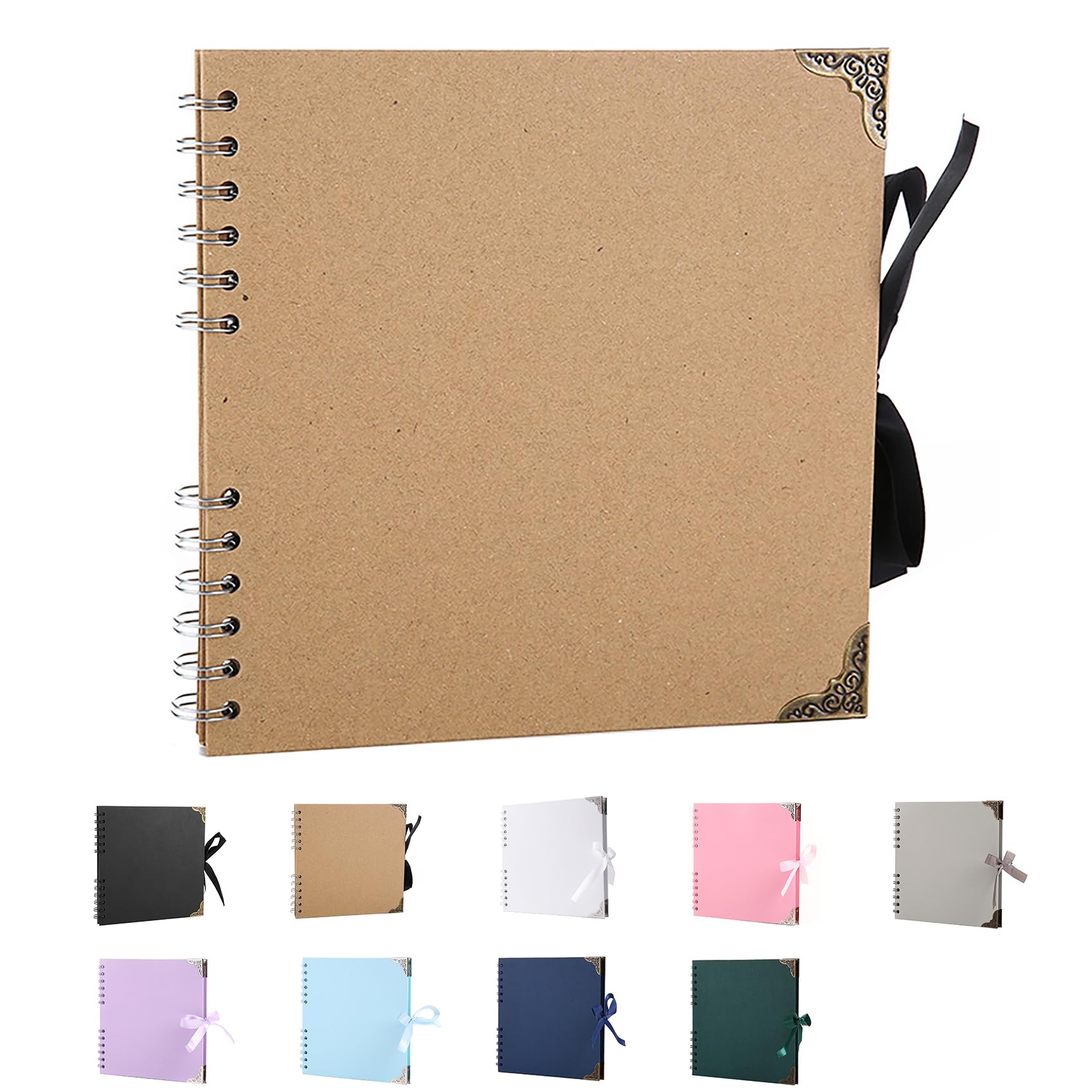 SHUBEIEUMI Scrapbook Photo Albums, 60 Pages Photo Book(20.5 x 20.5 cm), Scrap book with Ribbon Closure, Kraft Paper Scrap Book Ideal for Scrapbooking, Albums Arts and DIY Craft (Khaki)