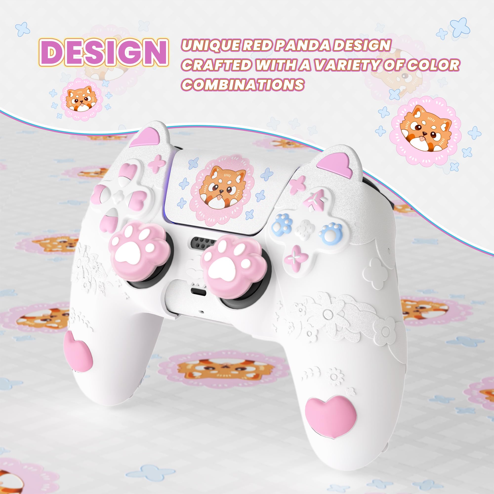 PlayVital Cover Controller per ps5 Joystick, Custodia Silicone Skin Antiscivolo&Copri Analogici&Adesivi, Adatto per ps5 Base di Ricarica, Panda Minore di Primavera Carino - Bianco