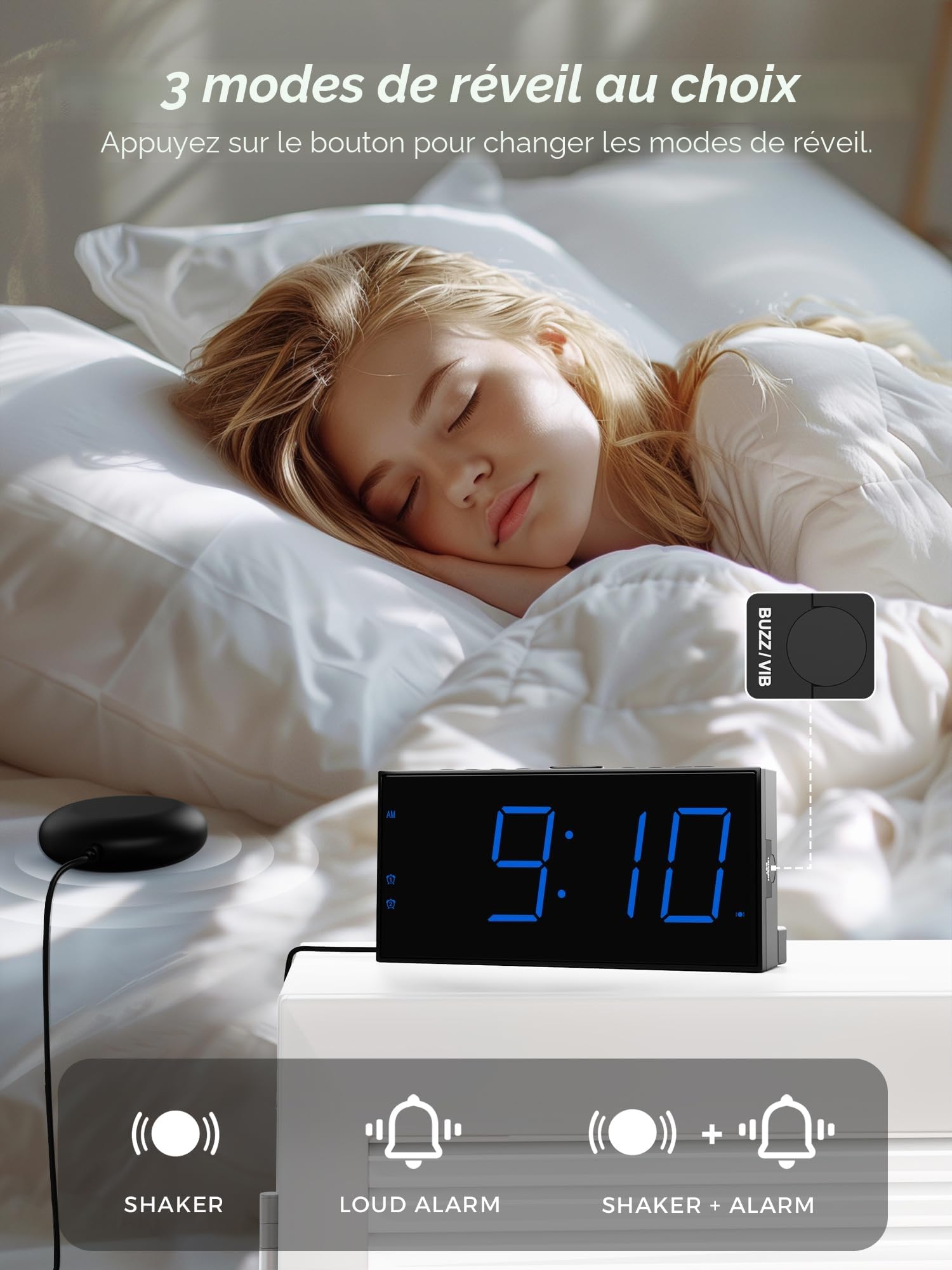 Réveil Extra Fort avec Secoueur de Lit, LED 7'' pour Sourd et Malentendant, Gros Dormeur, Double, Lumineux à 5 Niveaux, Snooze, Charger USB, Variateur d'Intensité, 12/24 H