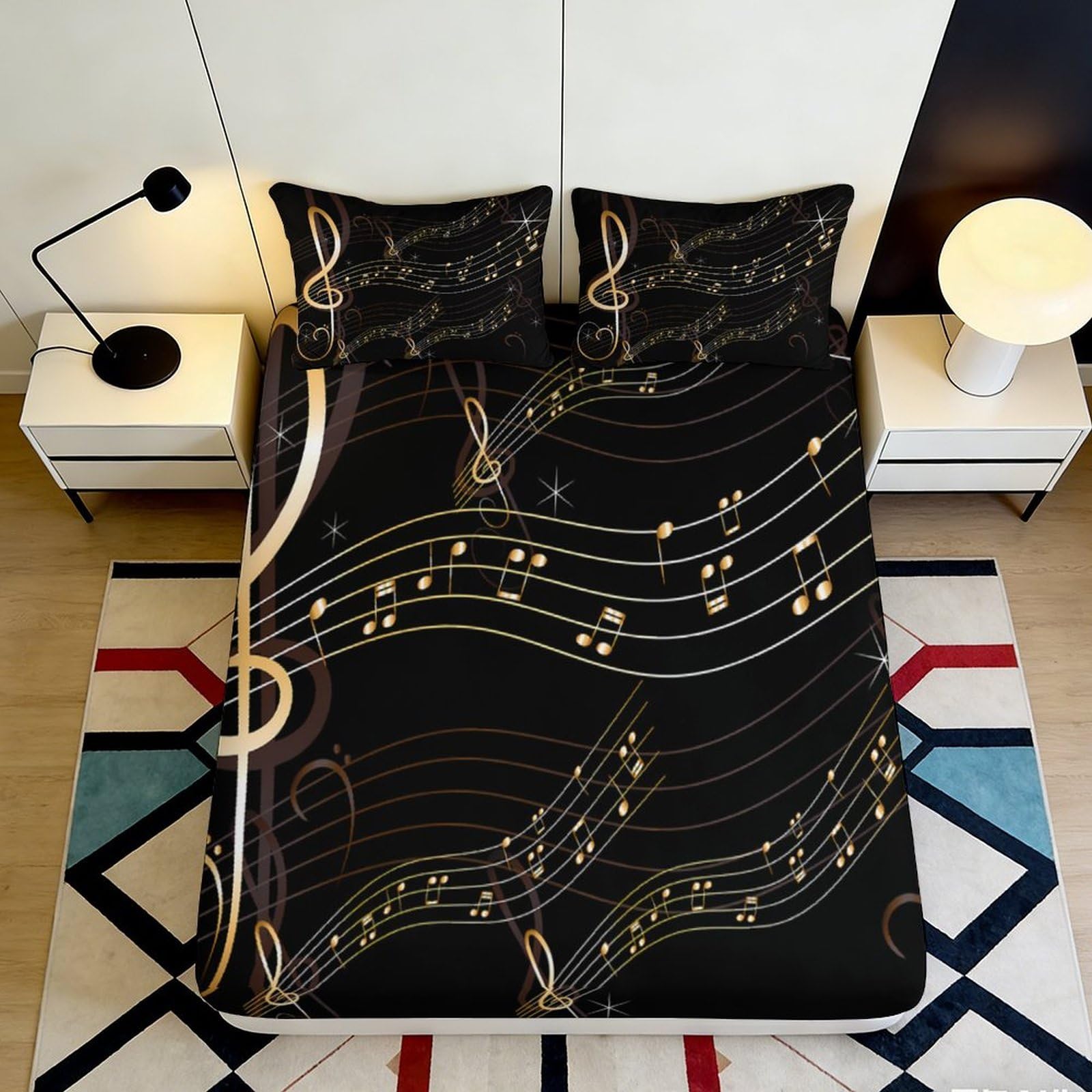 3D Printed Music Notes Fitted Sheet Microfiber Soft Breathable Musical Staff Bed Cover for Bedroom Dormitory Guest Room Mattress Protection 160x200x25cm