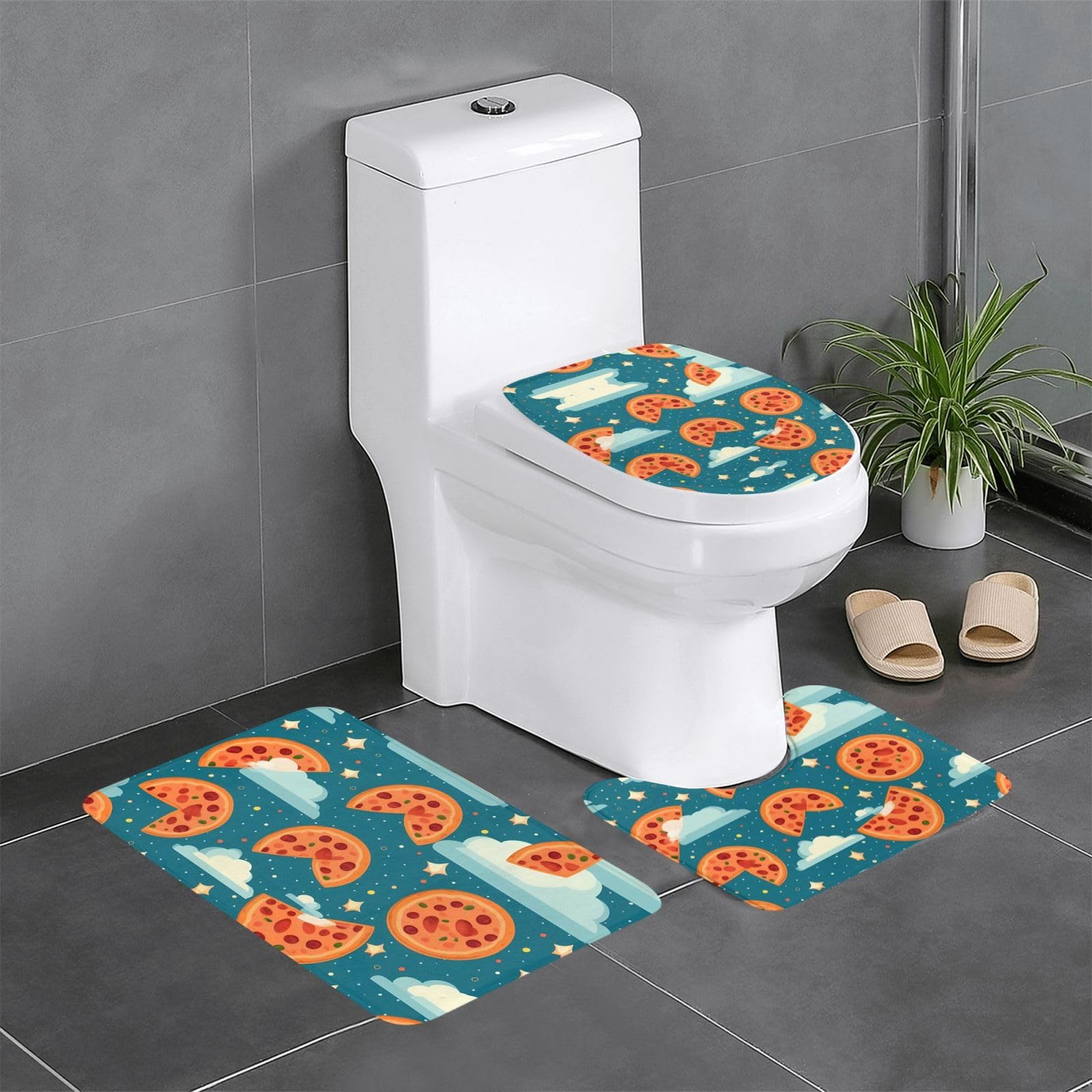 Tapis de salle de bain antidérapants pizza | Set 3 pièces WC et coiffeuse