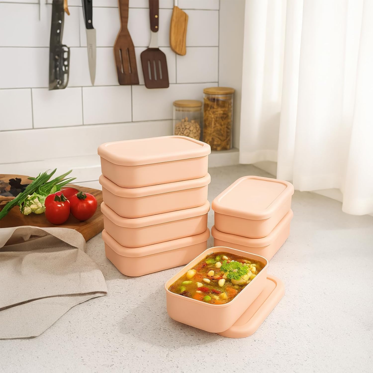 Confezione da 8 vassoi per congelatore in silicone con coperchio, riutilizzabili, per zuppe, congelatori, zuppe, salse, stufati (rosa, 700 ml)