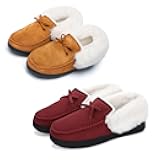 Womens House Shoes Memory Foam Suede Moccasin Slippers Winter Warm Fleece Lined Home Shoes with Anti-Skid Rubber Sole 11 Women/9 Men