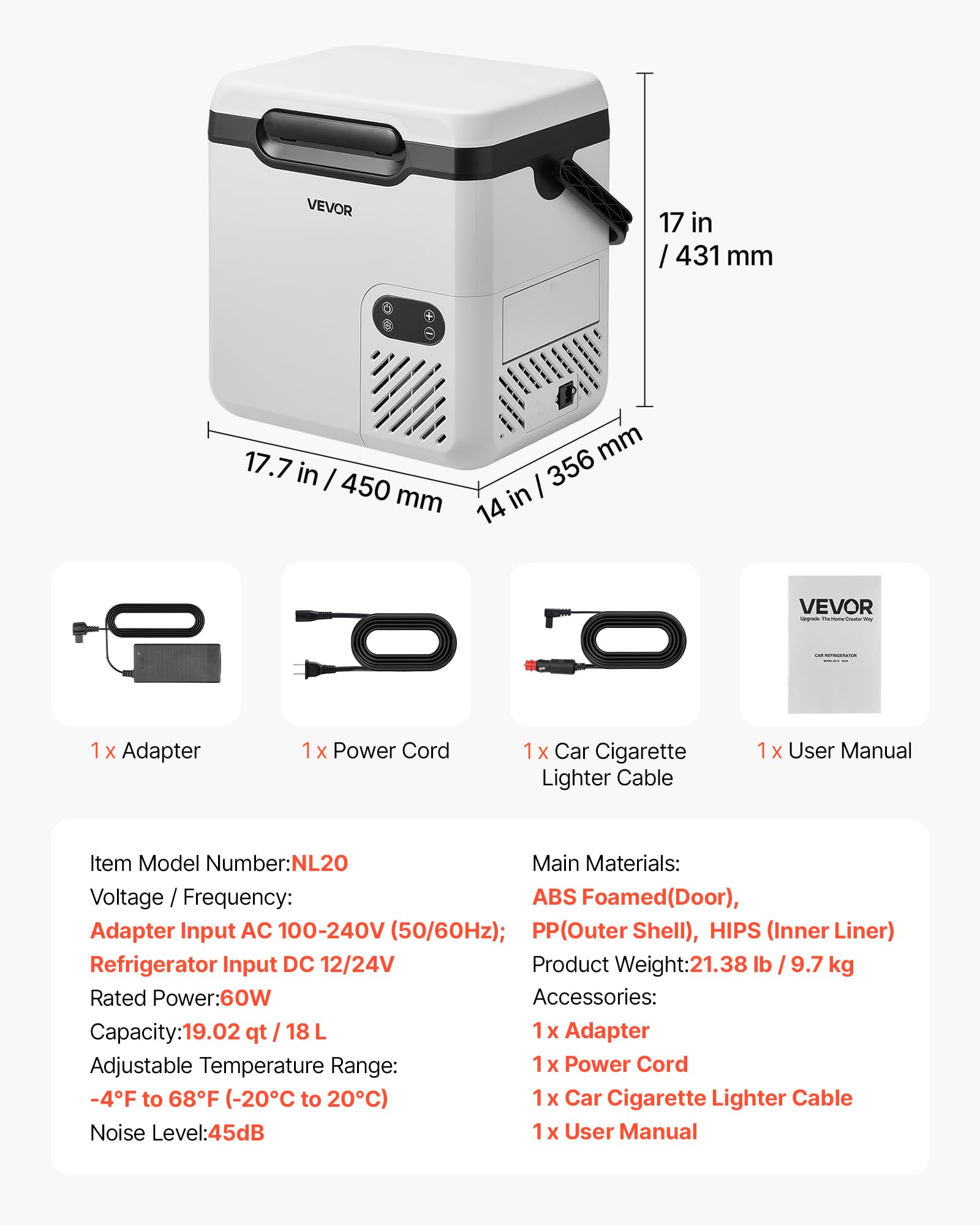 VEVOR Frigorifero Portatile Elettrico per Auto, Frigo Portatile da Auto Capienza 18 Litri 12V/24V 100-240V CA, Frigorifero a Compressore -20°C a 20°C Maniglia Senza Ruote per Campeggio Viaggio Pesca