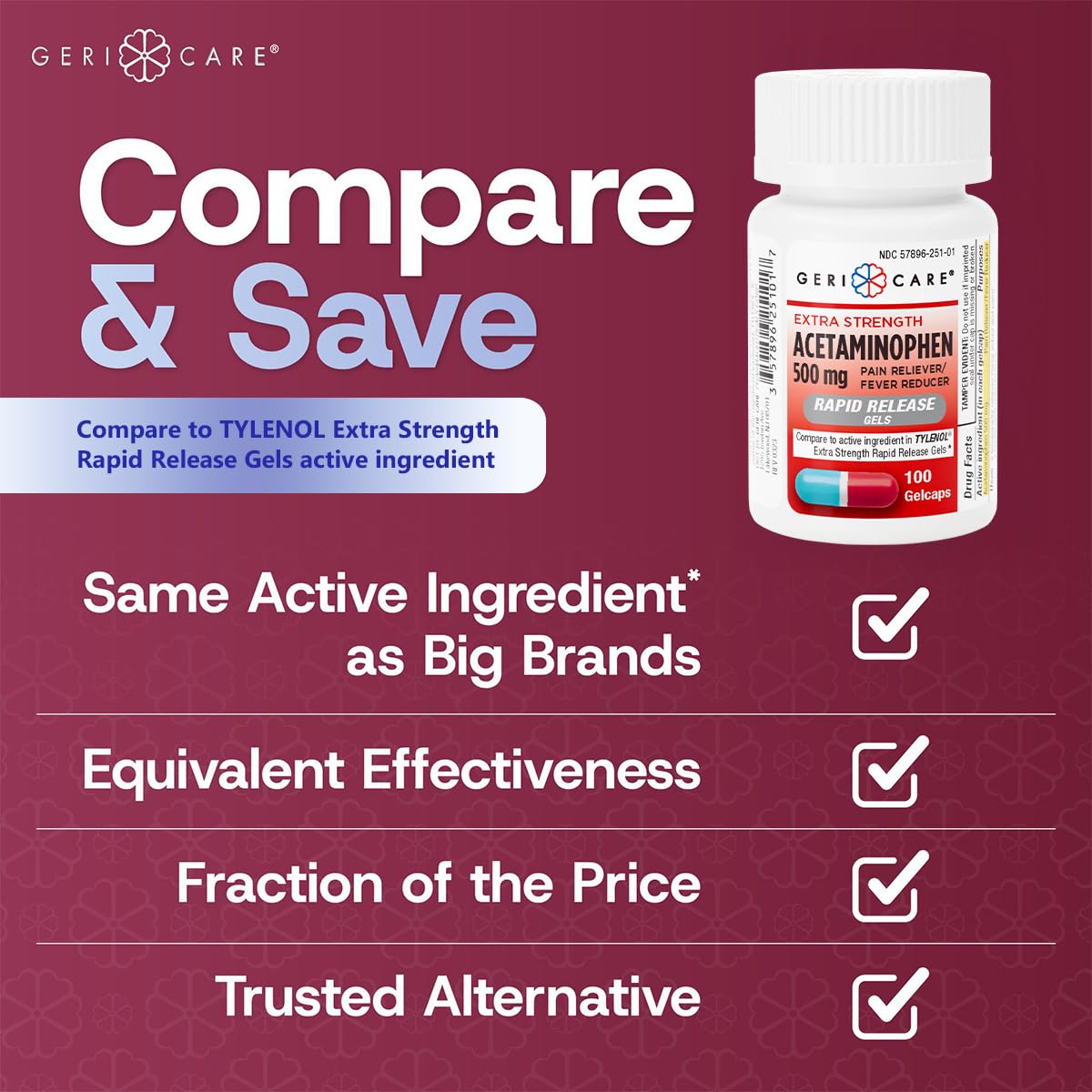 GeriCare Extra Strength Acetaminophen 500mg, Rapid Release & Absorbing Gelcaps, Fast-Acting Body Pain Relief, Reduces Fever, Headache, Muscle, and Joint Discomfort, 100 Count Bottle (Pack of 2) — Amazon image 2
