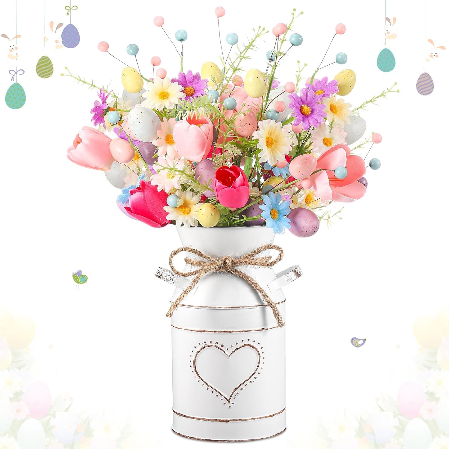 6 Pcs Easter Table Centerpieces Decoration Include 5 Easter Egg Artificial Floral Bunches Stem with Vintage Metal Bucket Potted Egg Flower Pick Arrangement Easter Party Office Home(Bright)