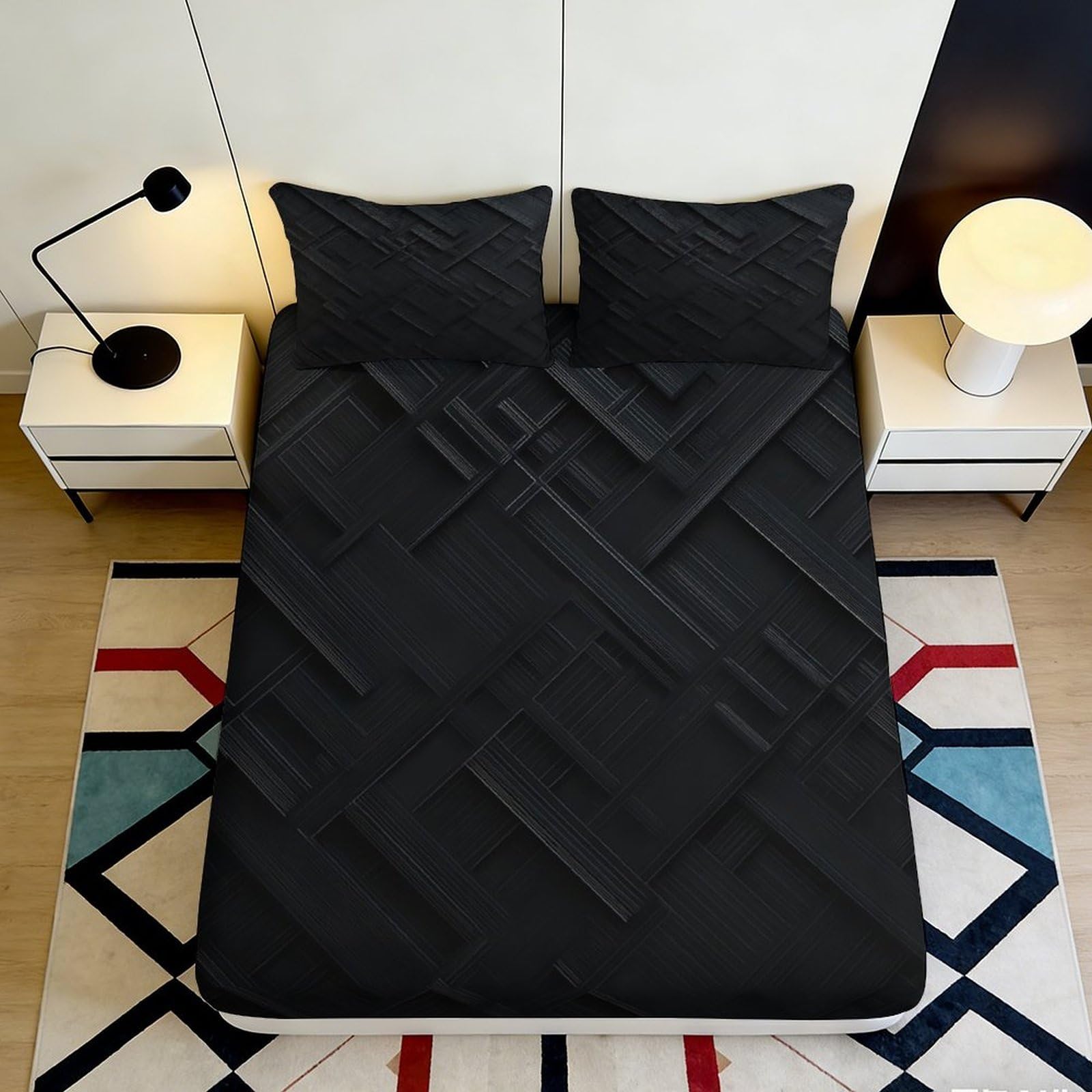 3D Printed Geometric Black Fitted Sheet Microfiber Soft Breathable Abstract Mattress Cover for Bedroom Dorm Decor 90x200x25cm