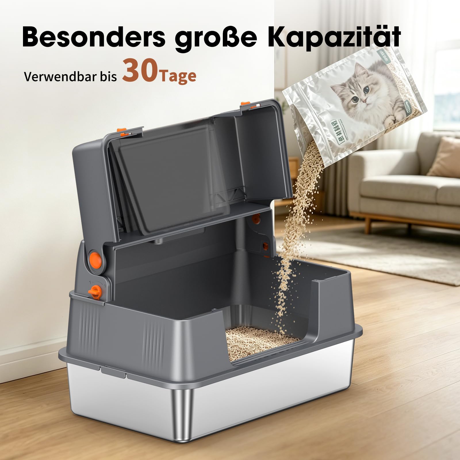 Edelstahl Katzentoilette Geschlossen 100° Klappdeckel,Dunkelgrau | Metallwanne, Vollständige Öffnung, Leichte Reinigung, 55L Volumen, Stabil Für Große Katzen