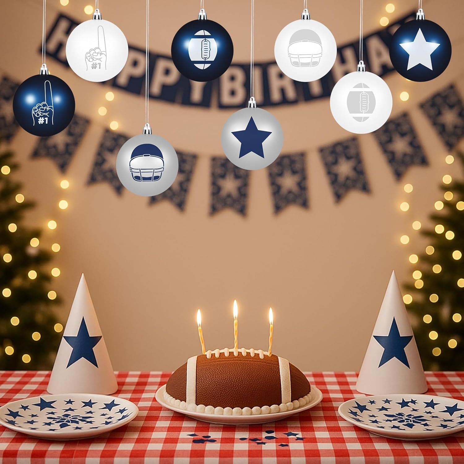 Soulchen 12 Pcs Football Ornaments Set 3.15 Inch Hanging Ball Ornaments Sports Football Themed Birthday Decor with Star Helmet Foam Finger Classic Blue and Grey Color (Transparent Thread) - Image 7