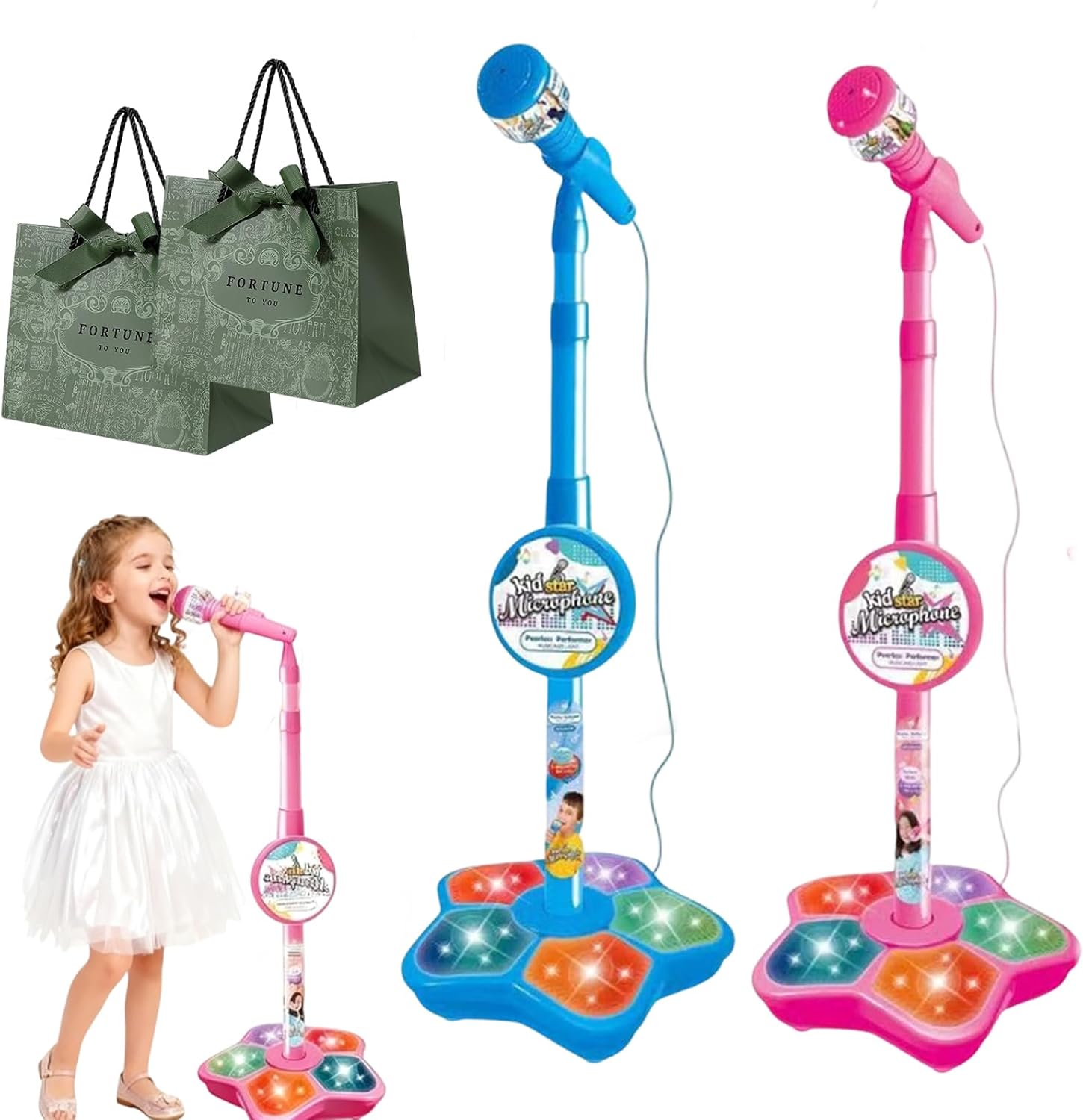 The All-in-One Microphone Toy, 2026 New Toy Microphone for Kids with Stand & Colorful Lights, Got Built-in Music, Echo Effects, Fun and Easy-to-Use, for Little Singers (Blue+Pink)