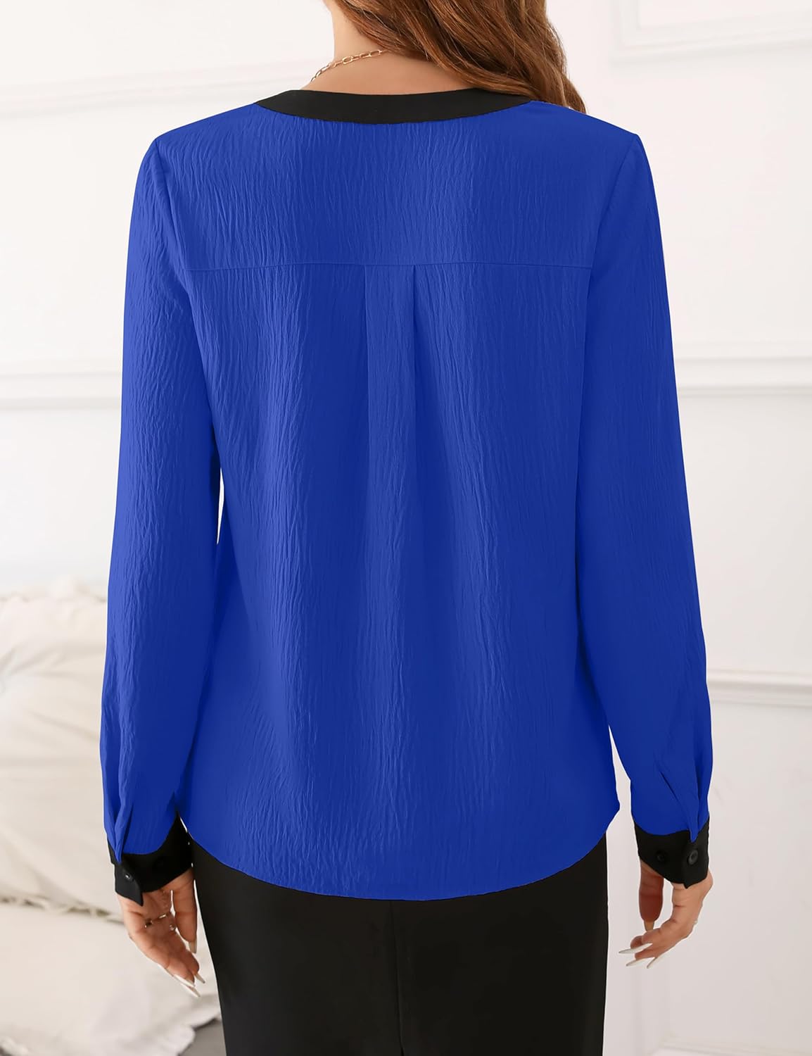 Fayenne Womens Long Sleeve Tops Dressy Casual V Neck Color Block Business Casual Outfits Work Blouses Office Shirts Royal Blue - Image 4