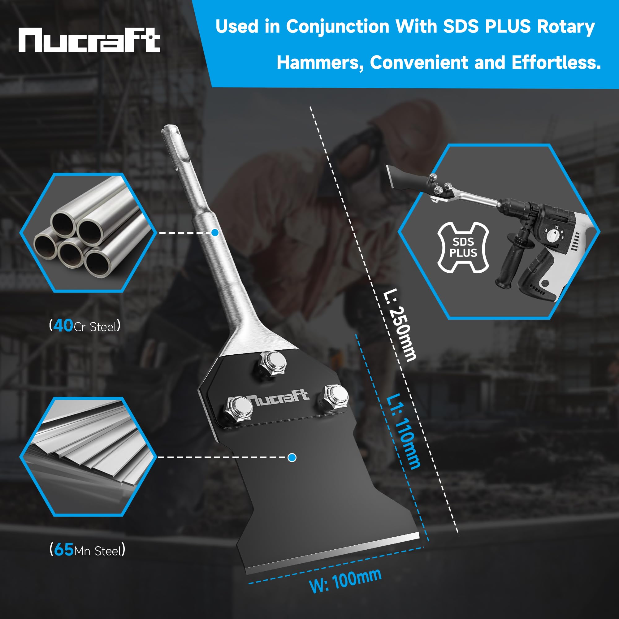 Nucraft Burin à spatule SDS-Plus, Burin à carrelage, 250 x 100mm, pour enlever l'adhésif pour carrelage et sol, moquette, linoléum, contreplaqué, surface murale, et plus | Enlève le tapis, le linoléum, la peinture, la chape ainsi que la colle pour carrela