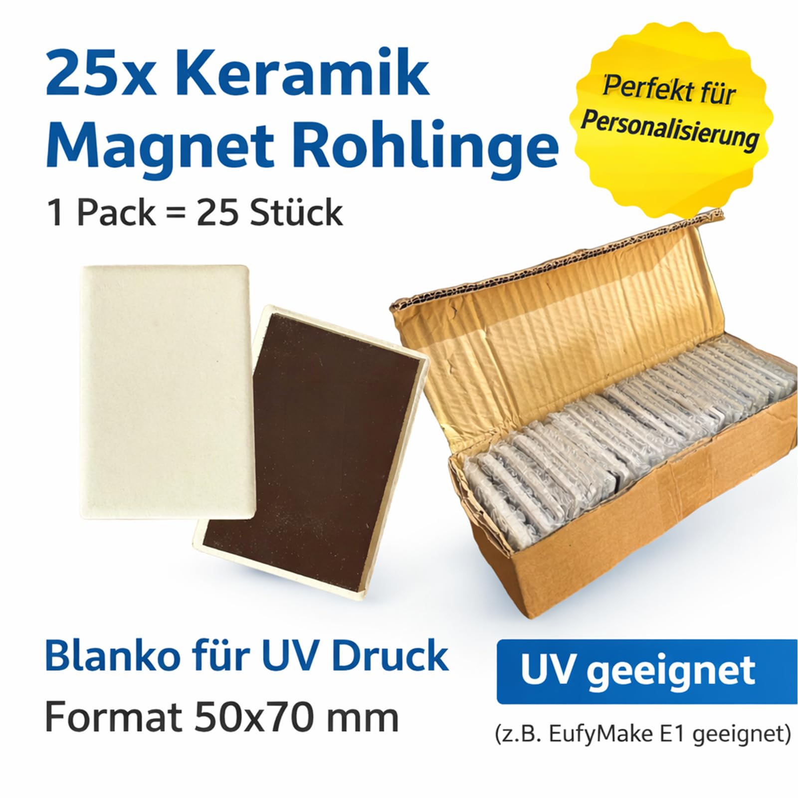 25 Keramik Magnete 50x70 mm blanko – UV Druck Rohlinge für DIY, Fotomagnete & Personalisierung – Starke Magnetkraft – 25 Stück Set