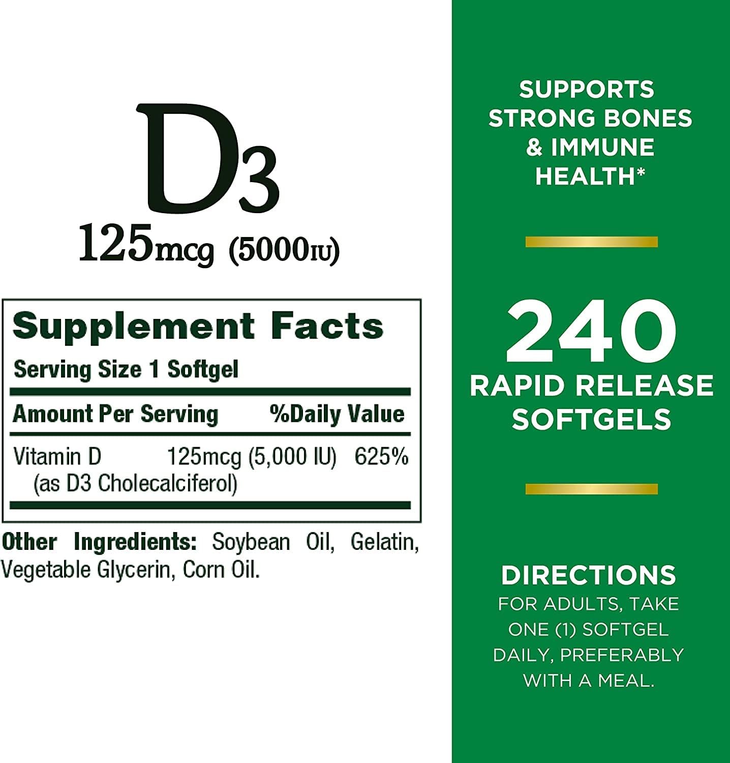 Nature's Bounty Vitamin D3, Immune Support, 125 mcg (5000iu), Rapid Release Softgels, 240 Ct - Pack of 2