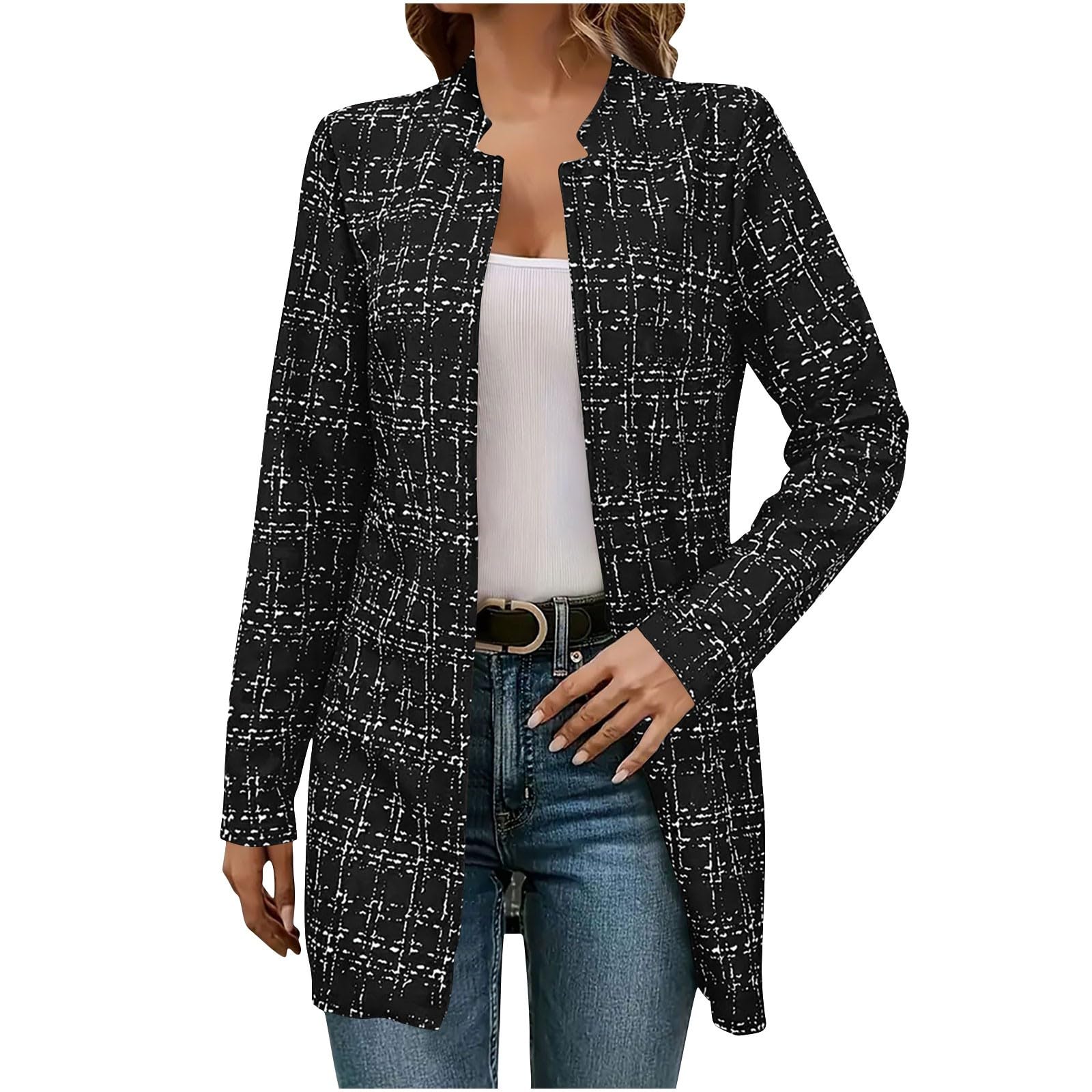 Womens Tweed Blazers Open Front Stand Collar Long Cardigan Elegant Casual Jacket Plaid Formal Work Suits Fall Outfits