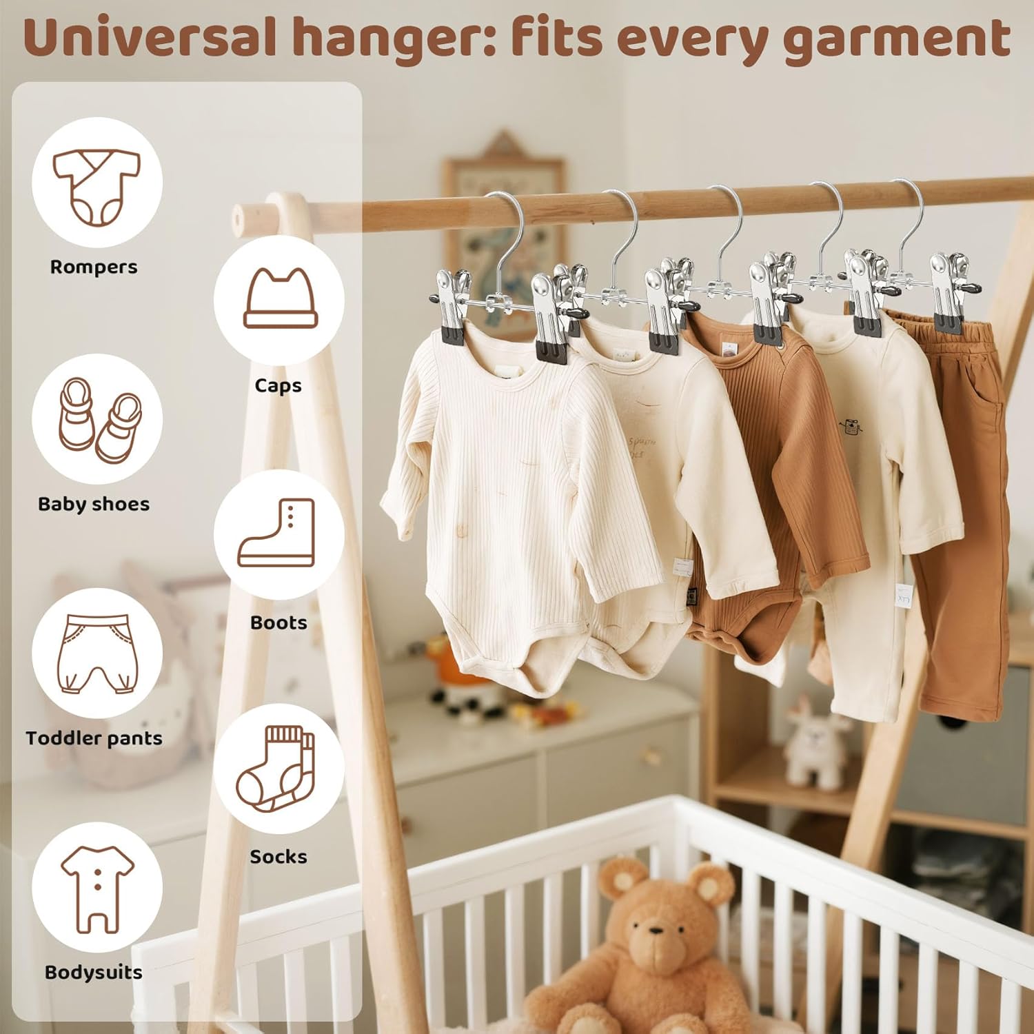 Baby Hangers Bundle: 24 Packs 360°Rotatable Toddler Pant Hangers with Clips + 50 Adjustable Nursery Hangers, Space Saving Hanger for Children Clothes (Black & Grey)